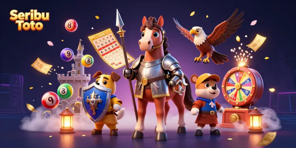 Engage with Seribu Toto lottery excitement featuring colorful bouncing balls and a dynamic knight scene.