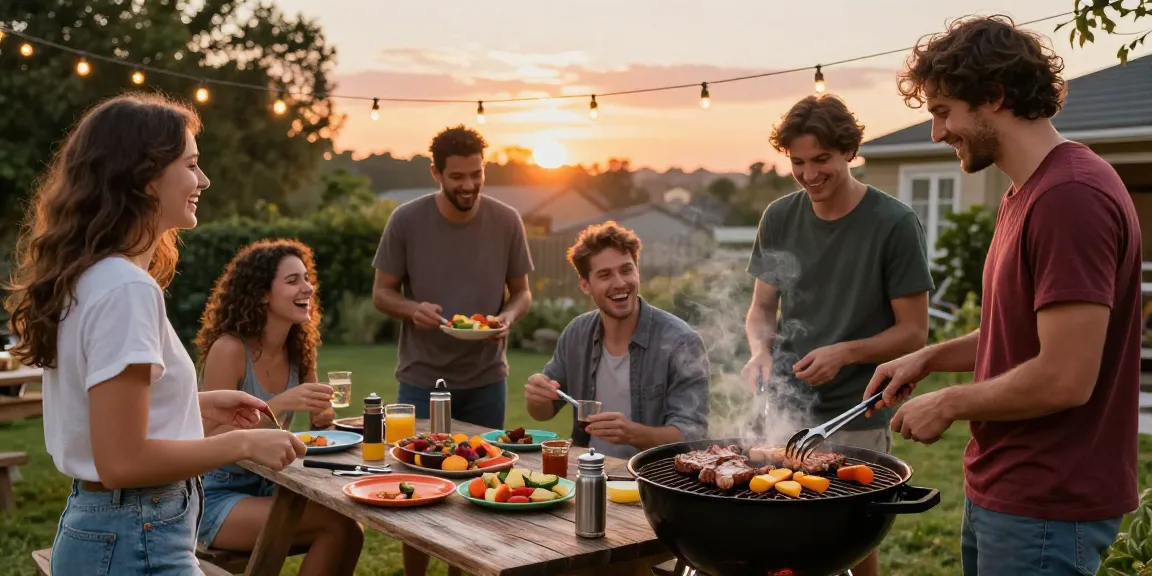 Suasana BBQ di luar ruangan dengan teman-teman menikmati BOS 88 di malam hari.