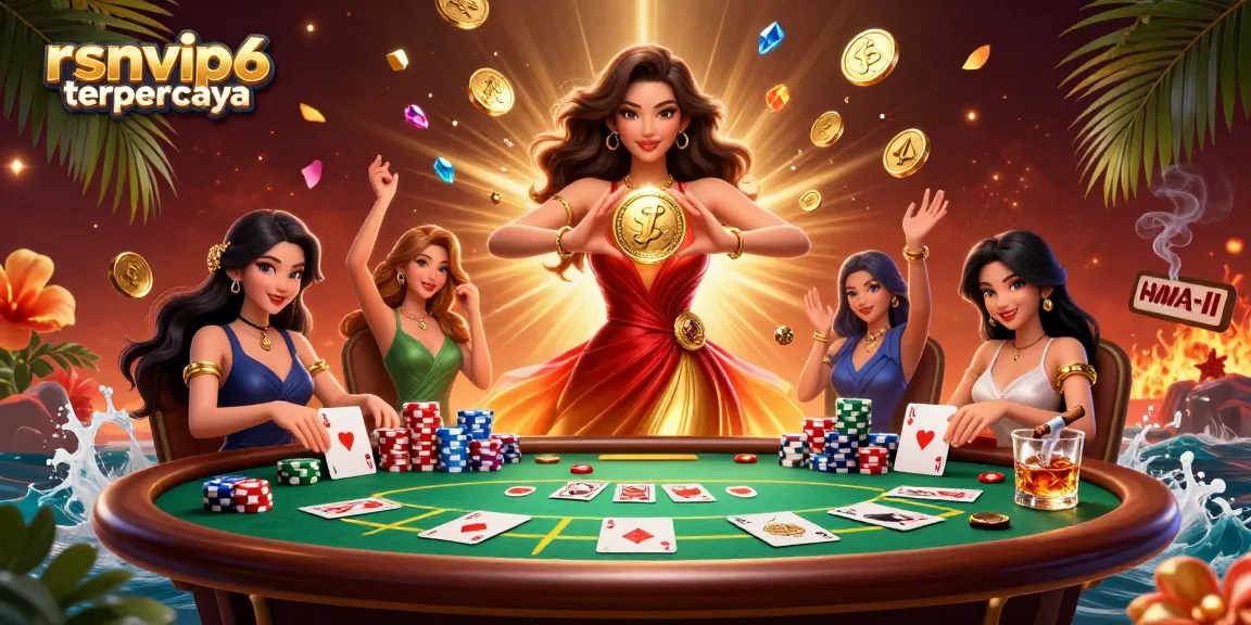 Experience winnings with rsnvip6 terpercaya at an exciting poker scene, featuring vibrant coins and cards.