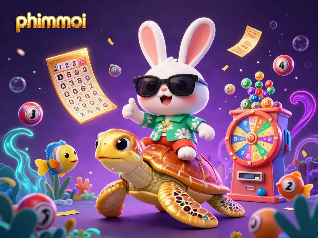 Play exciting phimmoi adventures with a lucky rabbit and golden turtle amidst vibrant lottery elements.