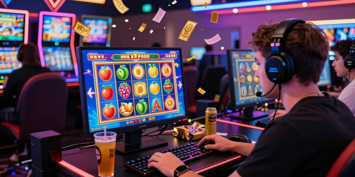 Player enjoying a slot rtp game on laptop with vibrant graphics, energetic casino atmosphere.