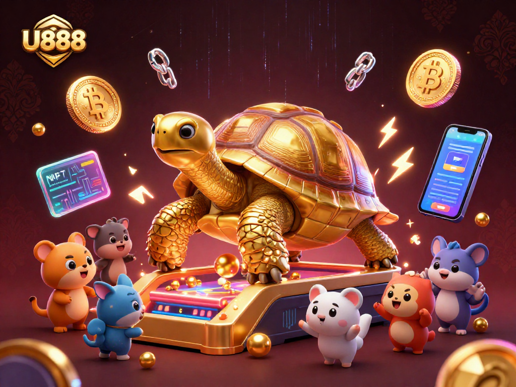 Experience thrilling gaming at U888 with a lively casino scene featuring vibrant characters and crypto elements.