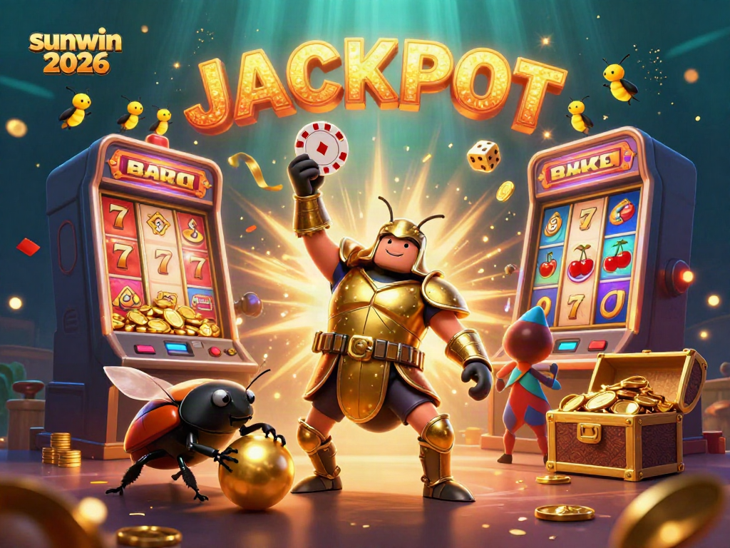 Experience the thrill of sunwin 2026 with a vibrant 3D scene featuring playful beetles and casino elements.