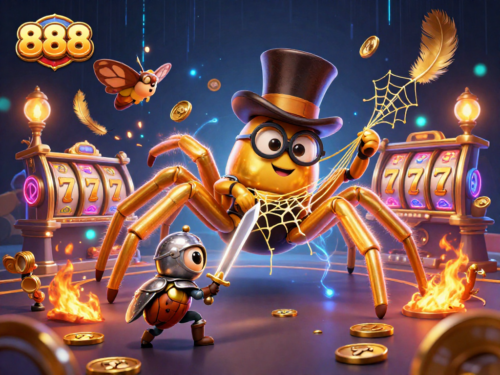 Spin and win big with 888 slot reels surrounded by a dynamic casino scene featuring a golden tarantula.