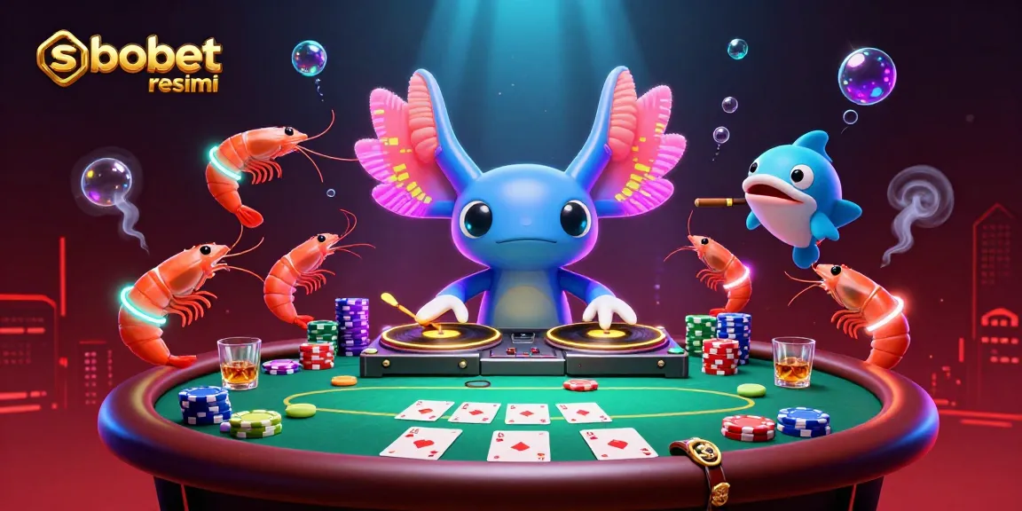Experience sbobet resmi with vibrant 3D casino scene featuring an axolotl DJ and engaging poker elements.