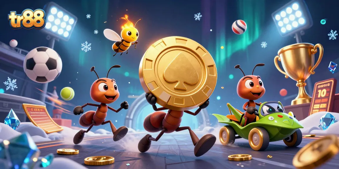 Experience thrilling heists with tr88 as ants carry a golden poker chip in a dynamic casino scene.