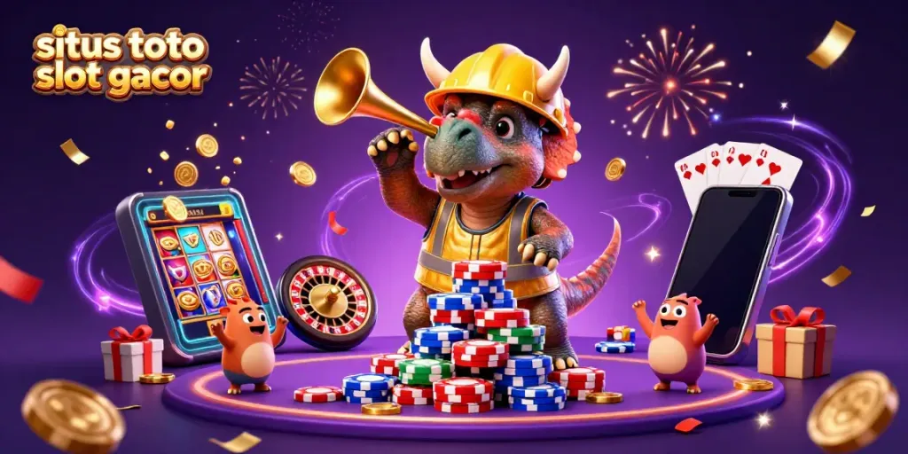 Visual menarik situs toto slot gacor dengan karakter lucu dan elemen permainan kasino penuh warna.