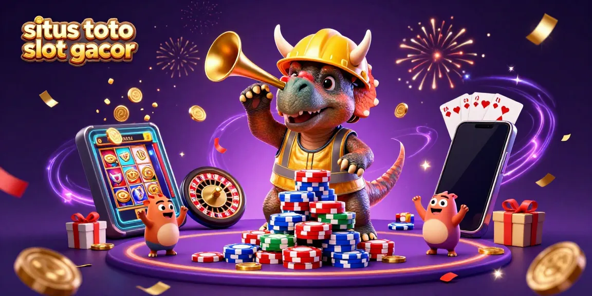 Visual menarik situs toto slot gacor dengan karakter lucu dan elemen permainan kasino penuh warna.