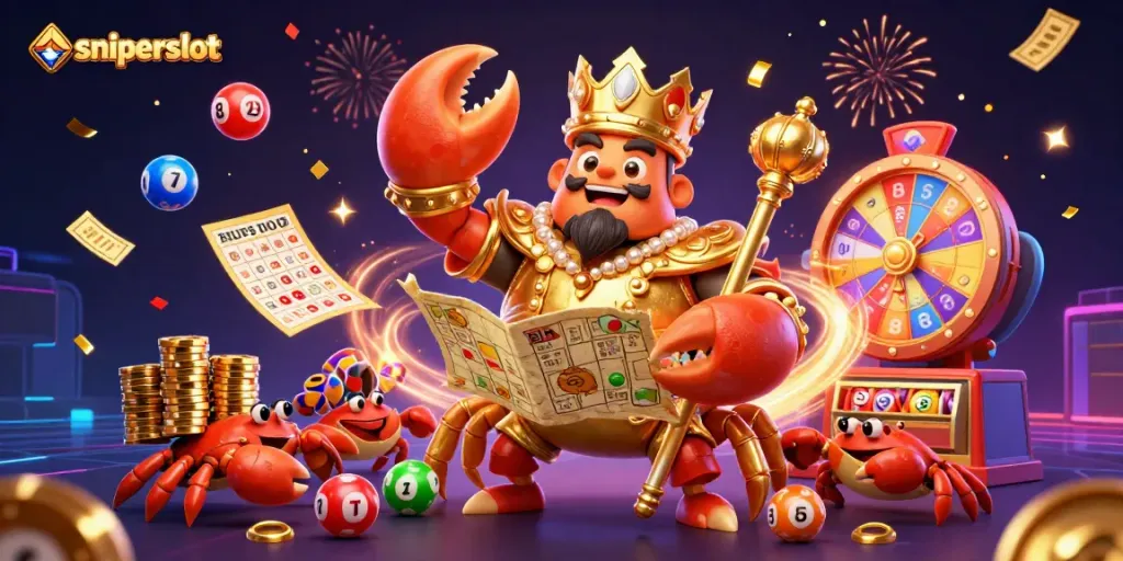 Sniperslot menampilkan karakter kepiting emas yang memegang peta harta dan scepter di antara elemen permainan judi.