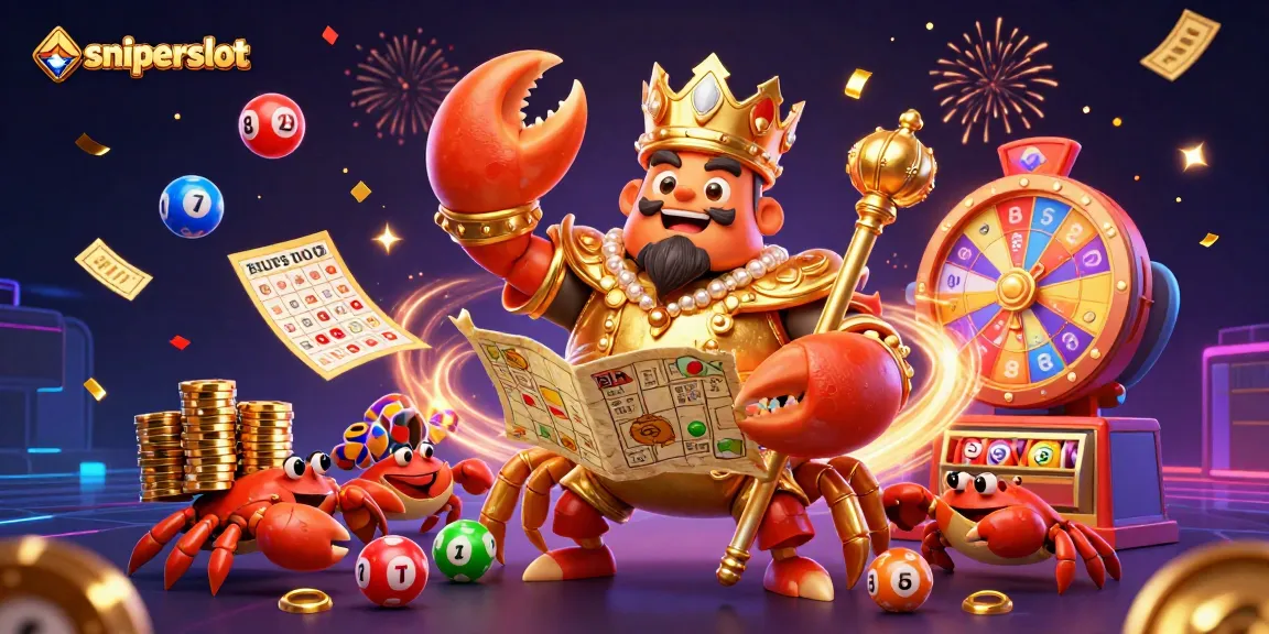 Sniperslot menampilkan karakter kepiting emas yang memegang peta harta dan scepter di antara elemen permainan judi.