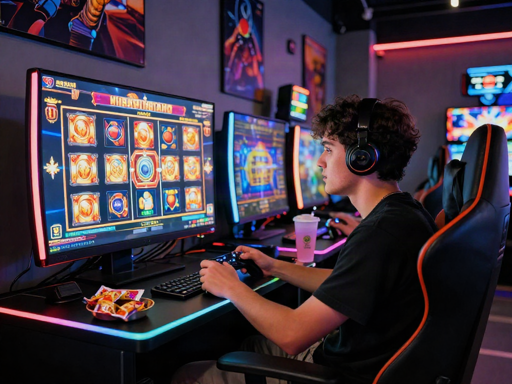 Slot gacor: Pemain menikmati pengalaman game slot online dengan layar warna-warni dan lampu RGB yang menyala.