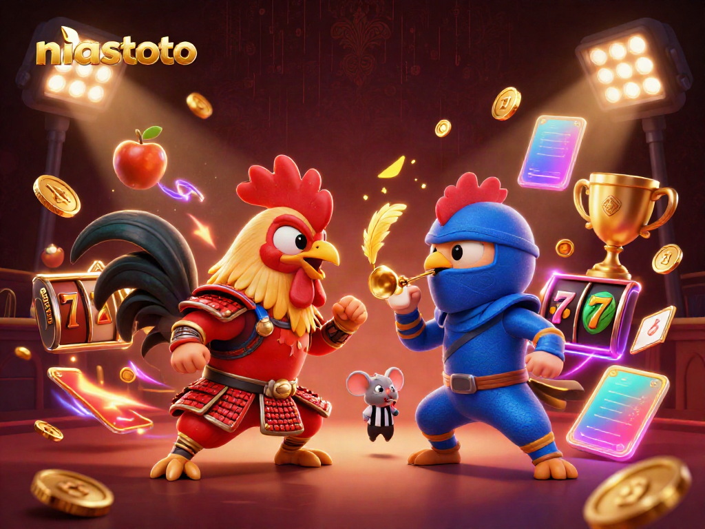 niastoto menampilkan pertarungan antara ayam jantan dalam arena slot penuh warna dan simbol keberuntungan.